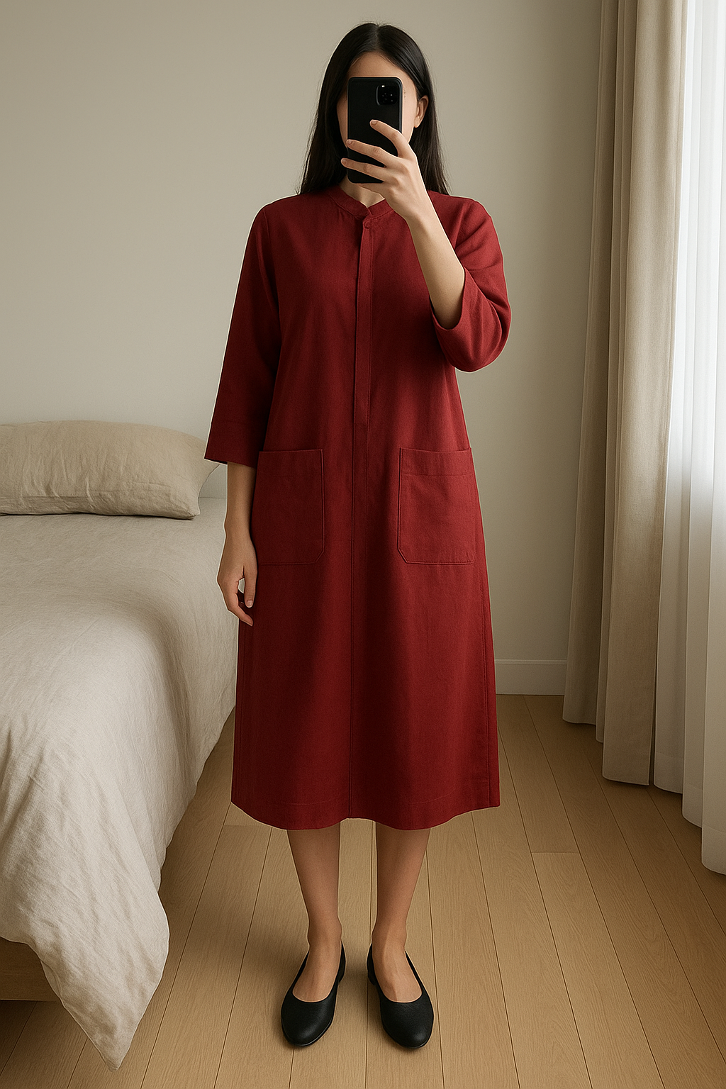 Robe Zara bordeaux col mao taille S neuve debout, face à la caméra, dans une chambre à la lumière douce, avec une lumière naturelle filtrant par la fenêtre.