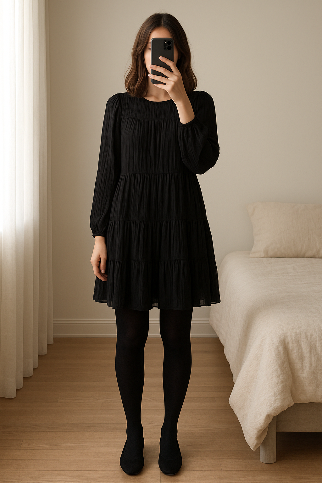Robe Primark Noire T36 debout, face à la caméra, dans une chambre à la lumière douce, avec une lumière naturelle filtrant par la fenêtre.