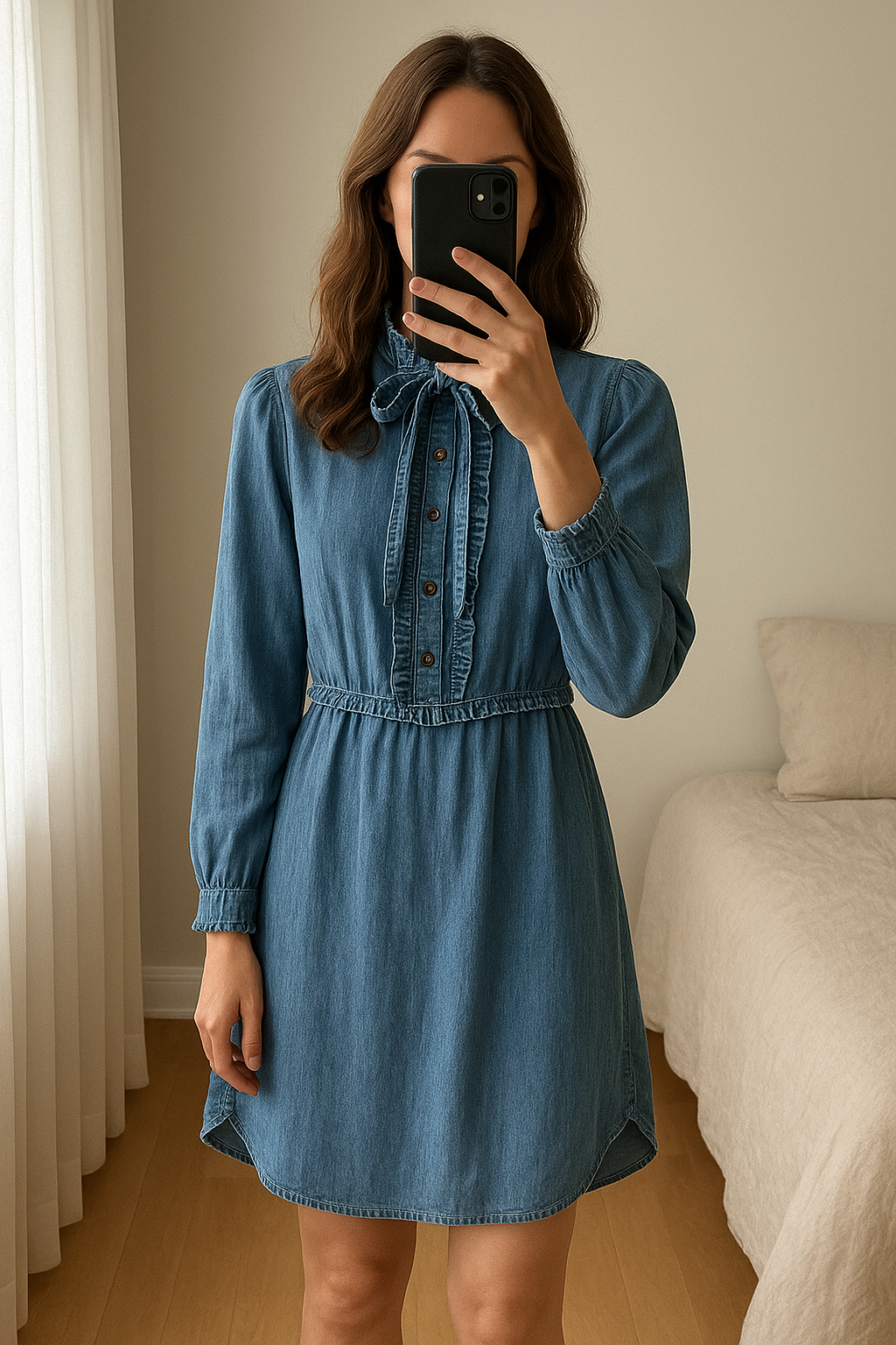 Robe chemise Suncoo T.0 debout, face à la caméra, dans une chambre à la lumière douce, avec une lumière naturelle filtrant par la fenêtre.