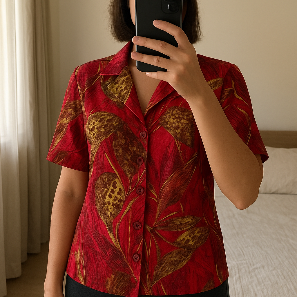 Chemise vintage rouge doré à motif feuillage - Taille 38 rétro chic debout, face à la caméra, dans une chambre à la lumière douce, avec une lumière naturelle filtrant par la fenêtre.