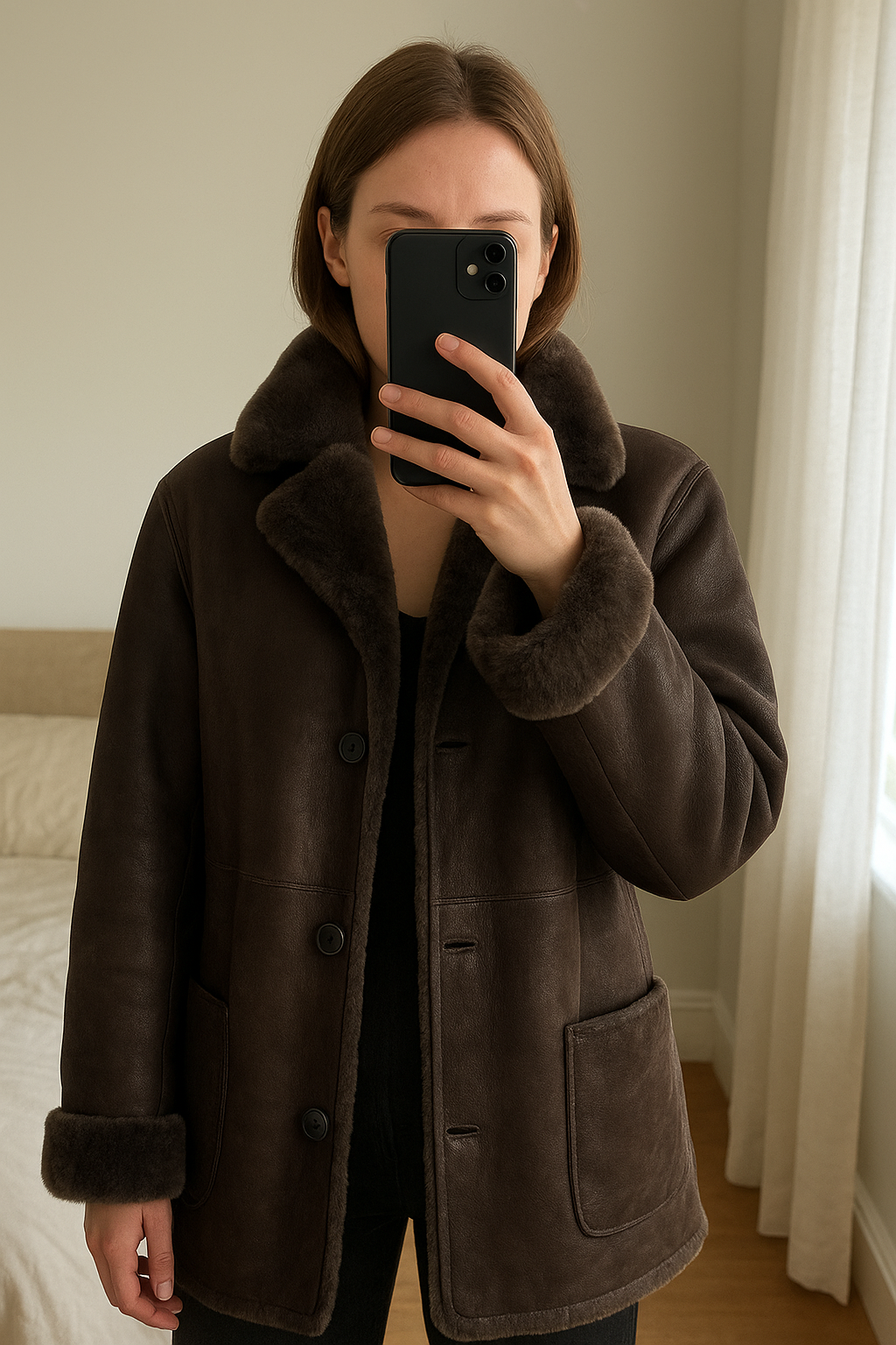 Veste en cuire véritable debout, face à la caméra, dans une chambre à la lumière douce, avec une lumière naturelle filtrant par la fenêtre.