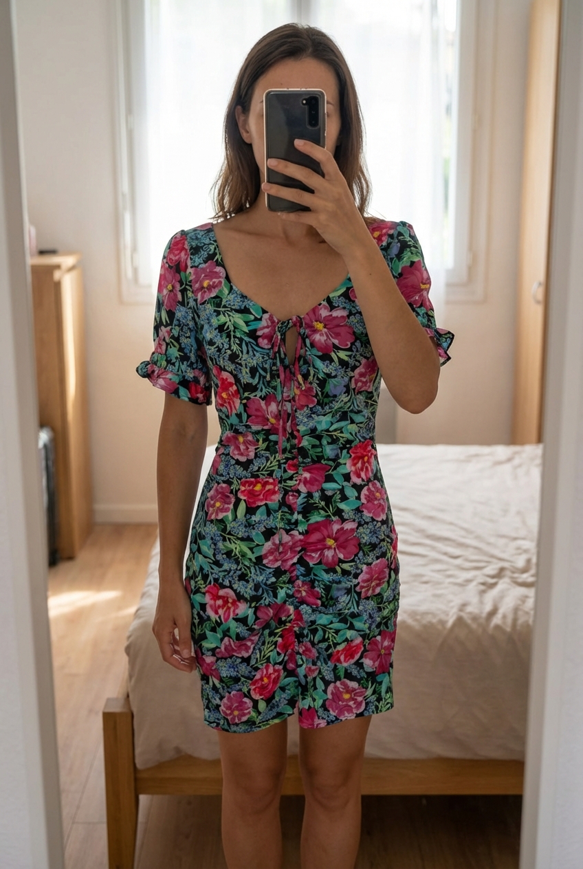 Une personne en Robe Pimkie fleurie – Neuve – Taille 36 (convient aussi 34/38) debout, face à la caméra, avec une silhouette fine, dans une chambre à la lumière douce, avec une lumière naturelle filtrant par la fenêtre.