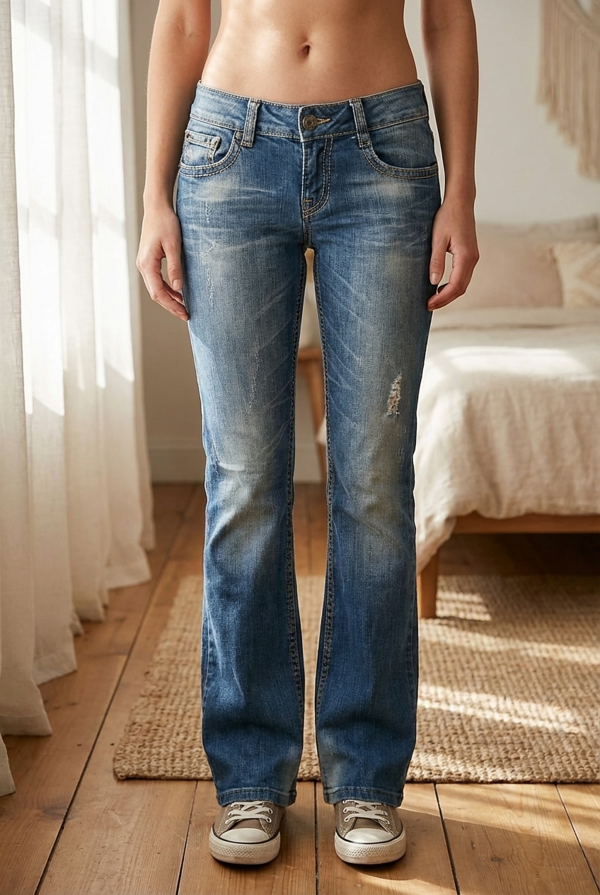 Bershka Denim jean bootcut / flare y2k taille basse - 36 debout, face à la caméra, dans une chambre à la lumière douce, avec une lumière naturelle filtrant par la fenêtre.