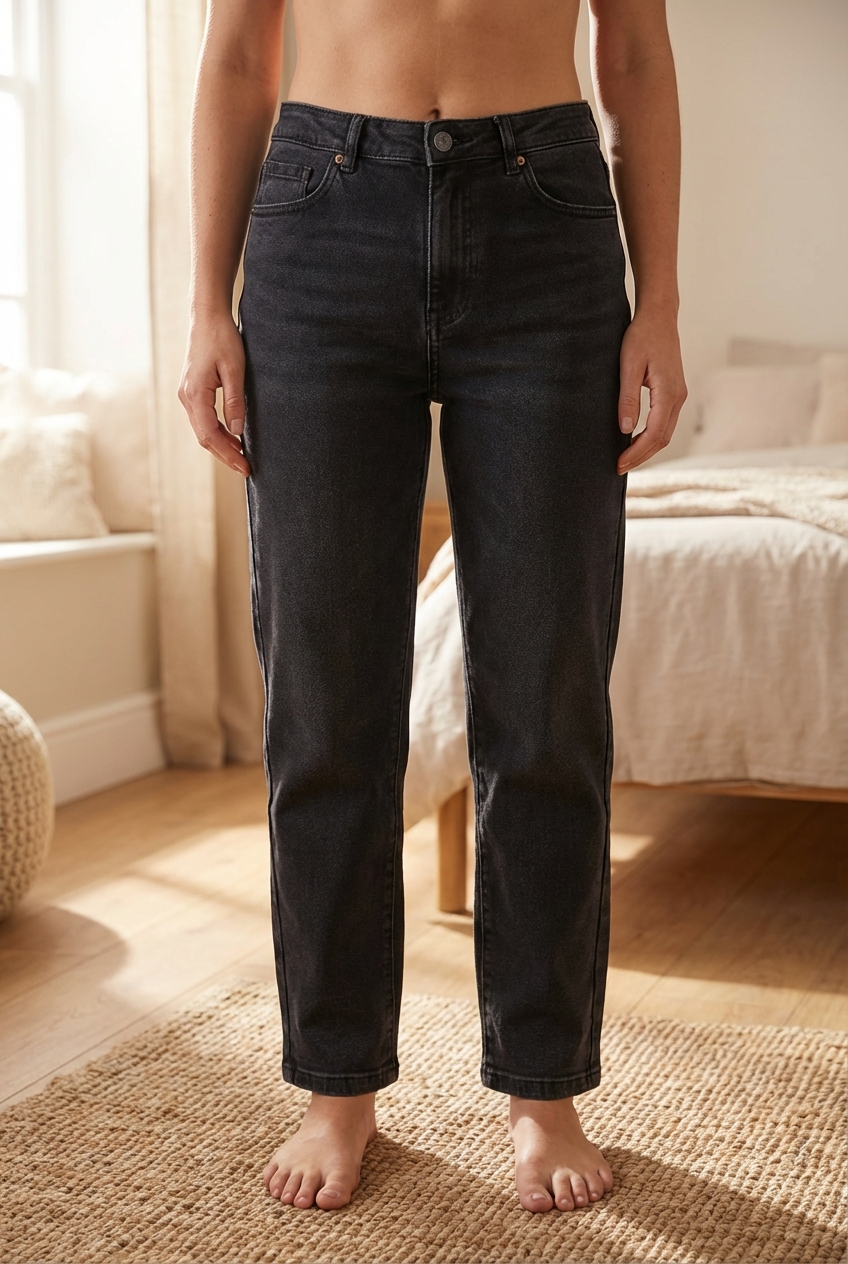 Papaya petite size 8 faded black jeans standing straight facing the camera, in a softly lit bedroom setting, with gentle natural light filtering through a window.