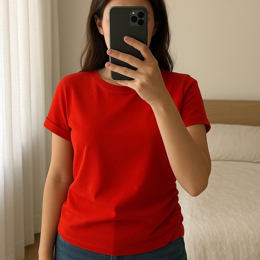 Top rosso in piedi, rivolto verso la fotocamera, in una camera da letto con luce soffusa e luce naturale che filtra dalla finestra.