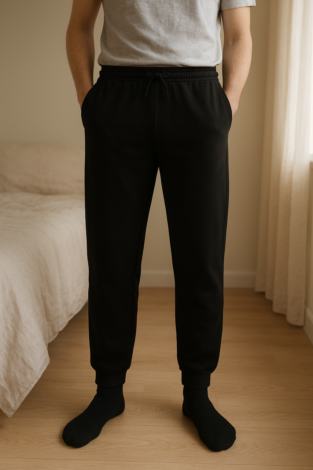 Pantalon élastiques KAPPA - taille M debout, face à la caméra, dans une chambre à la lumière douce, avec une lumière naturelle filtrant par la fenêtre.