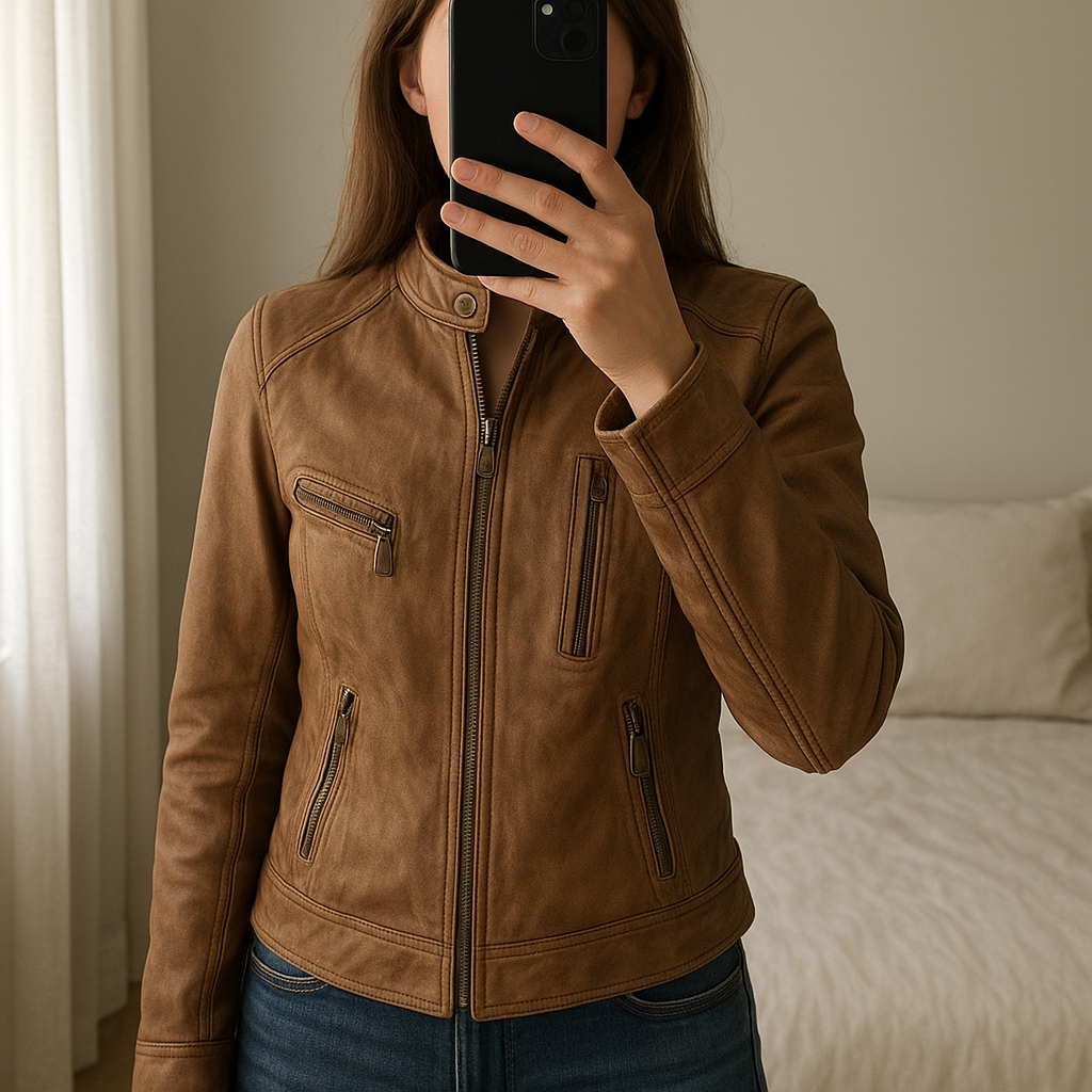 Manteau femmes oakwood M debout, face à la caméra, dans une chambre à la lumière douce, avec une lumière naturelle filtrant par la fenêtre.