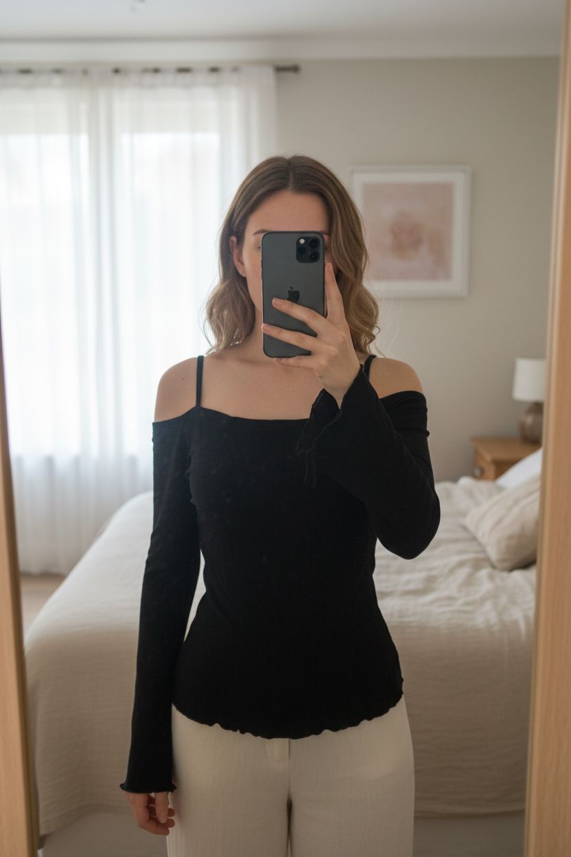 A person in Vintage Y2K black open shoulder floaty long sleeve top standing straight facing the camera, in a softly lit bedroom setting, with gentle natural light filtering through a window.