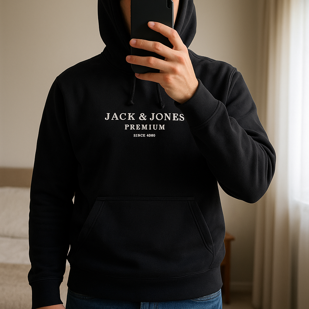 Sweat jack and jones noir / taille M debout, face à la caméra, dans une chambre à la lumière douce, avec une lumière naturelle filtrant par la fenêtre.