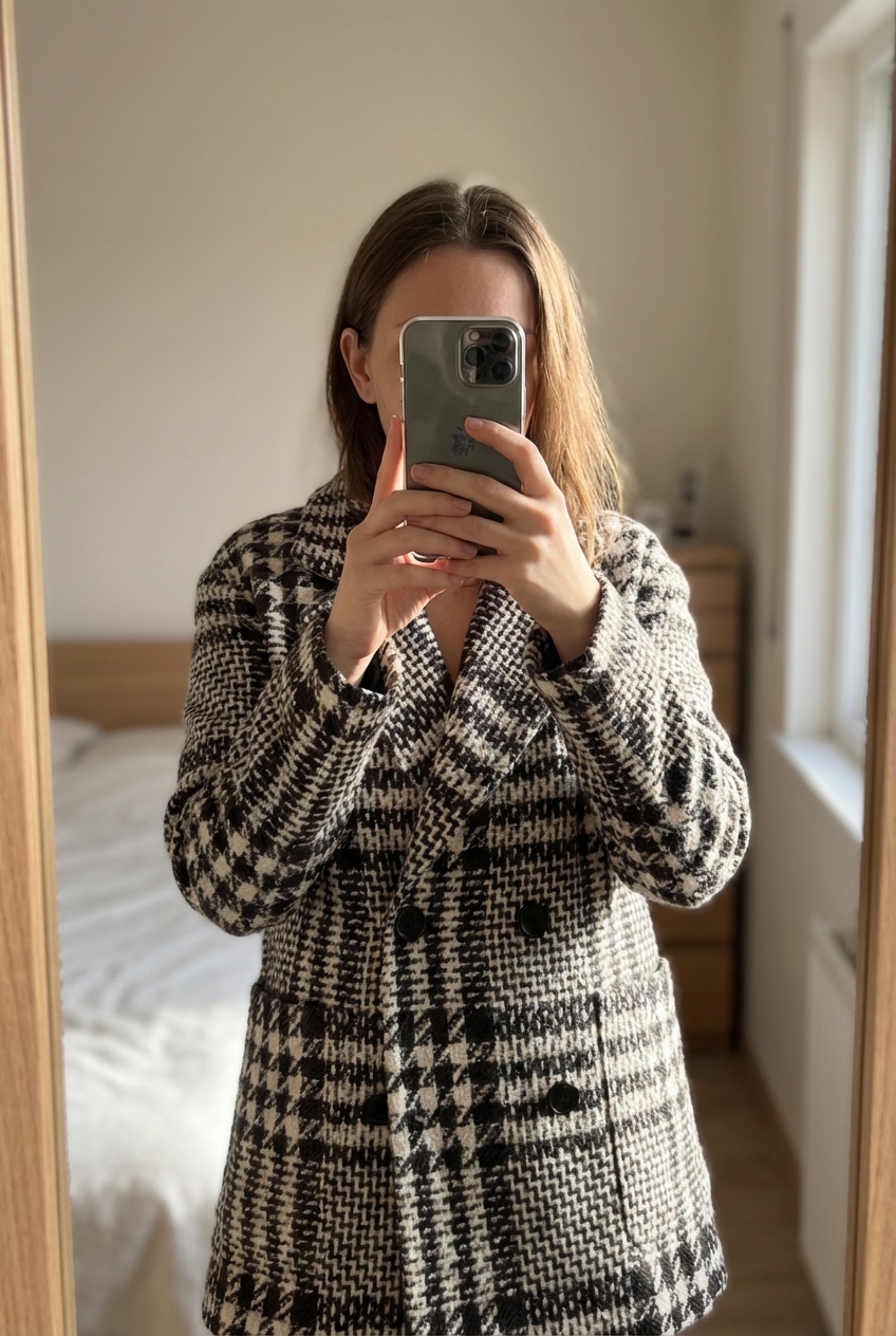 🧥 Manteau Bershka pied-de-poule noir et blanc debout, face à la caméra, dans une chambre à la lumière douce, avec une lumière naturelle filtrant par la fenêtre.