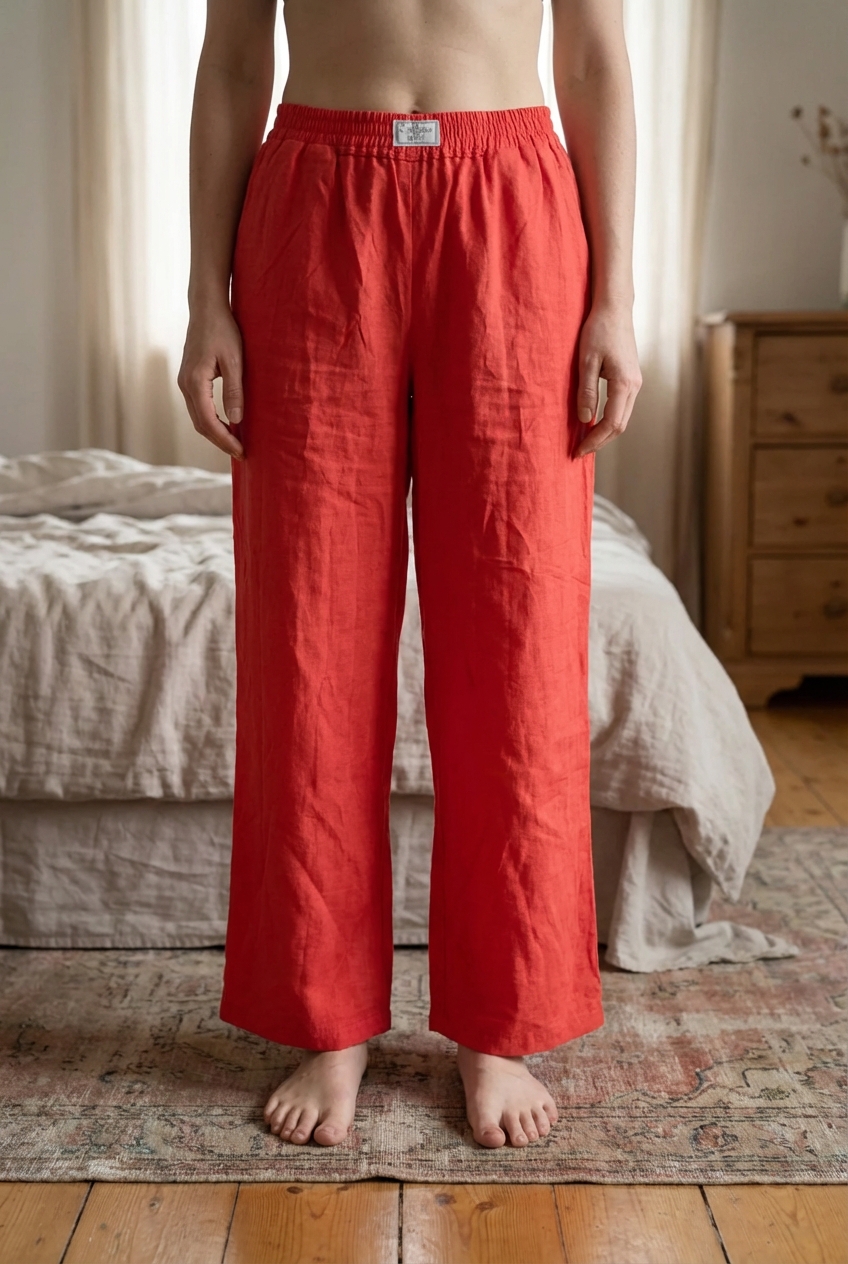 Pantalon rouge fushia debout, face à la caméra, dans une chambre à la lumière douce, avec une lumière naturelle filtrant par la fenêtre.