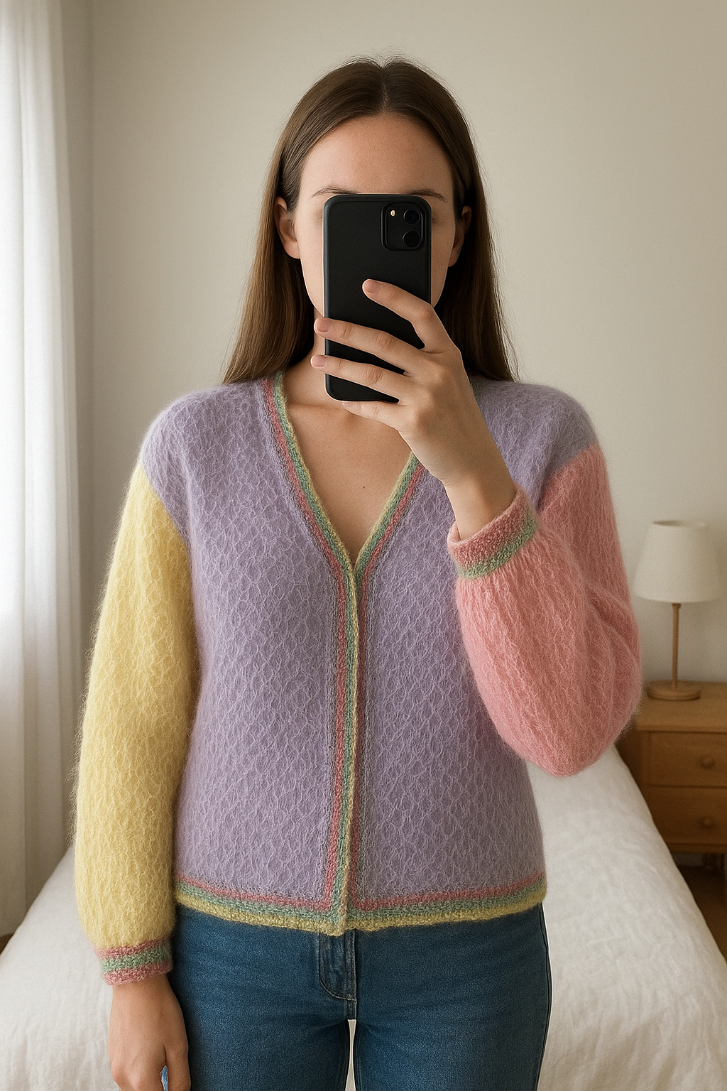 Gilet Rose Carmine debout, face à la caméra, dans une chambre à la lumière douce, avec une lumière naturelle filtrant par la fenêtre.