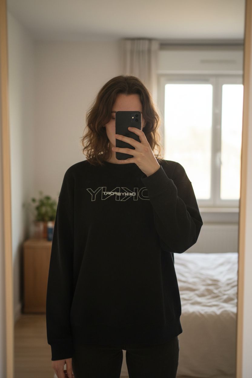 Pull enfant DKNY debout, face à la caméra, dans une chambre à la lumière douce, avec une lumière naturelle filtrant par la fenêtre.