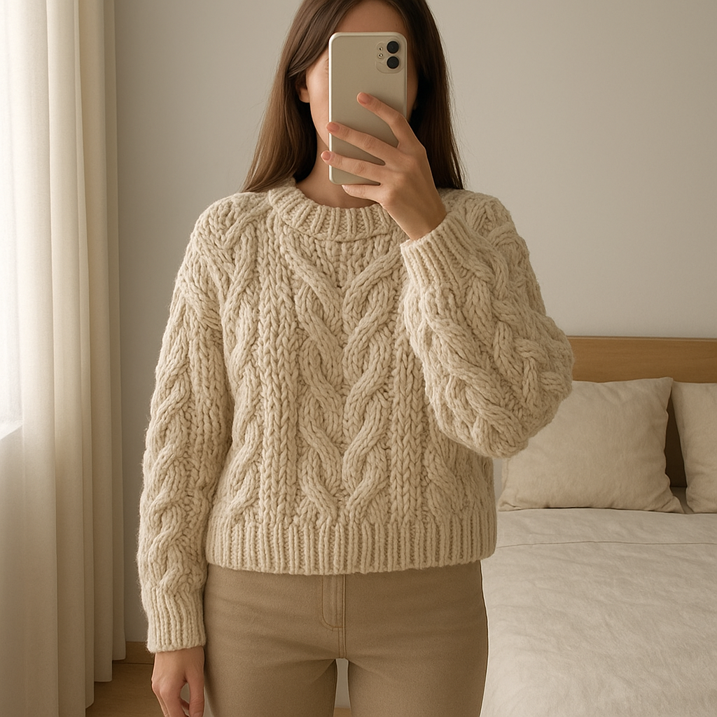 Une personne en Pull laine creme torsadé Zara taille S debout, face à la caméra, avec une silhouette fine, dans une chambre à la lumière douce, avec une lumière naturelle filtrant par la fenêtre.