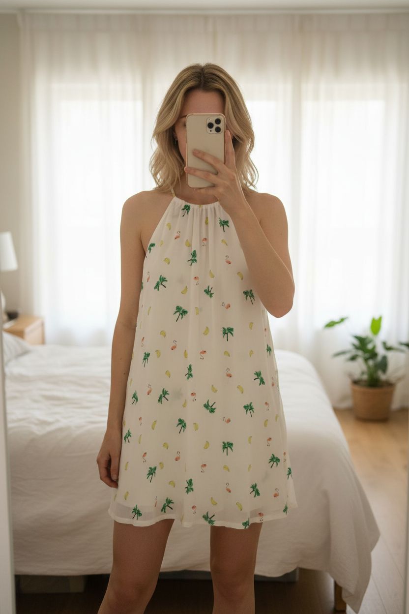 MinkPink Flamingo/Palm Tree/Banana Print Halter Mini Dress standing straight facing the camera, in a softly lit bedroom setting, with gentle natural light filtering through a window.