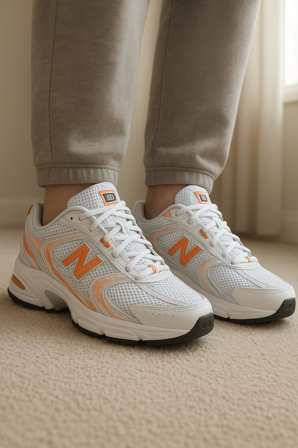 New Balance 740 orange debout, face à la caméra, dans une chambre à la lumière douce, avec une lumière naturelle filtrant par la fenêtre.