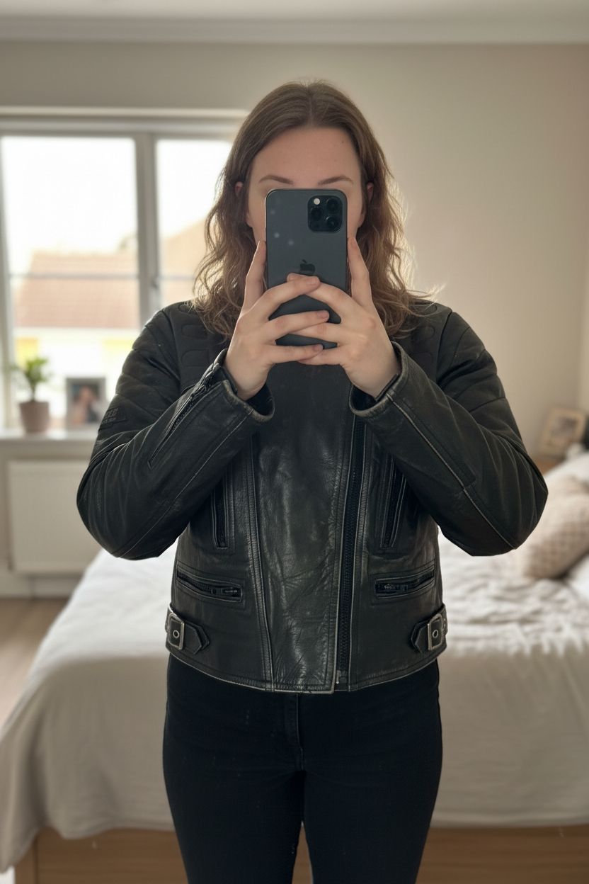 Une personne en Veste Blouson de moto en cuir véritable Vintage Leather jacket Noir Sportex apollo M debout, face à la caméra, avec une silhouette légèrement plus ronde, dans une chambre à la lumière douce, avec une lumière naturelle filtrant par la fenêtre.
