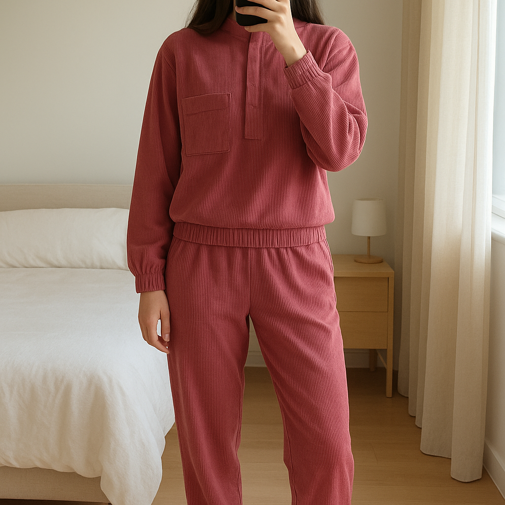 Fato de treino de bombazine da shein. Comprado recentemente. Usado poucas vezes. em pé, de frente para a câmera, em um quarto com iluminação suave e luz natural filtrando pela janela.