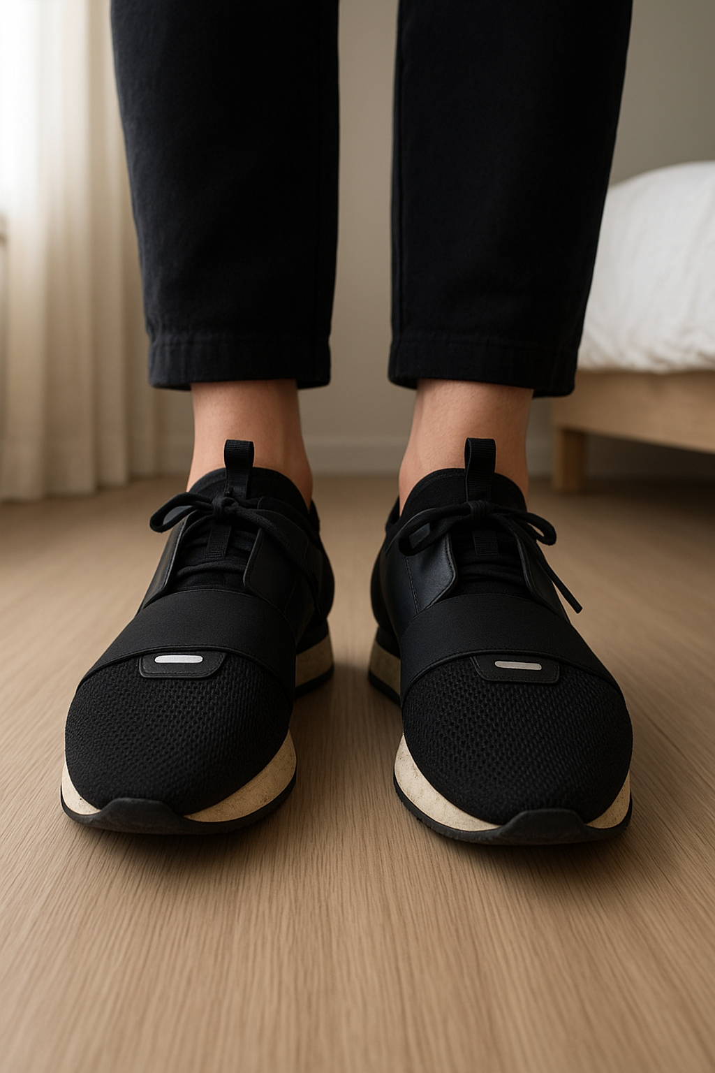 Balenciaga race runner authentiques debout, face à la caméra, dans une chambre à la lumière douce, avec une lumière naturelle filtrant par la fenêtre.