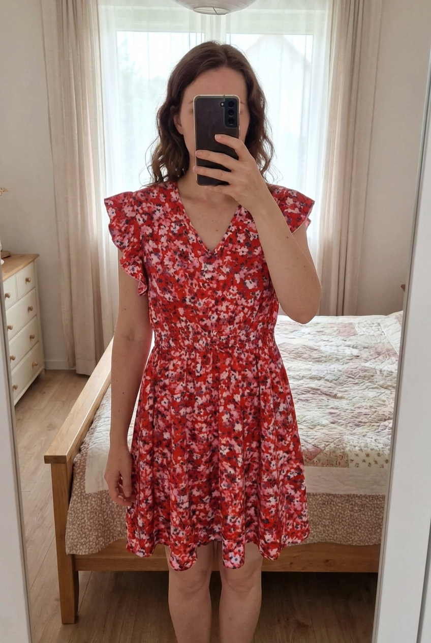 Une personne en Robe élégante à motifs floraux debout, face à la caméra, dans une chambre à la lumière douce, avec une lumière naturelle filtrant par la fenêtre.