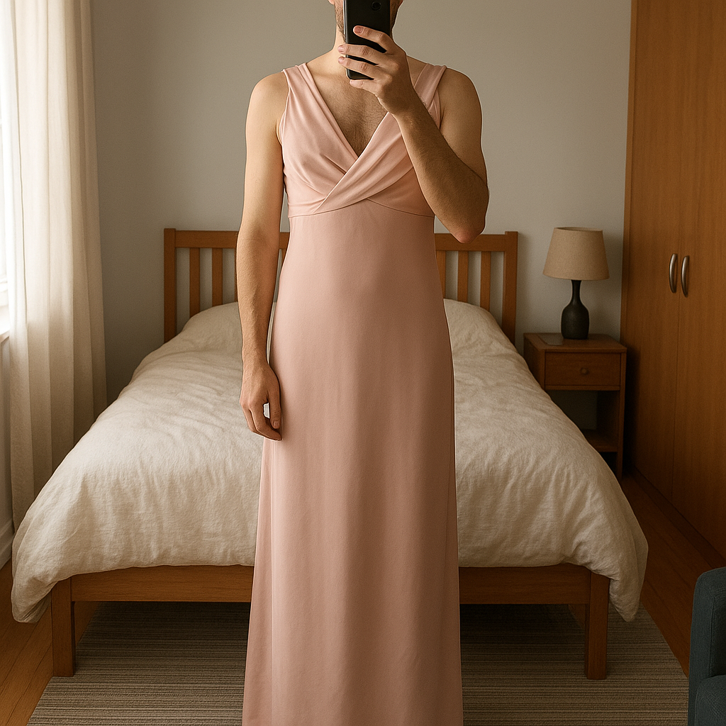 Ralph Lauren, dusty pink maxi dress, size 18 standing straight facing the camera, in a softly lit bedroom setting, with gentle natural light filtering through a window.