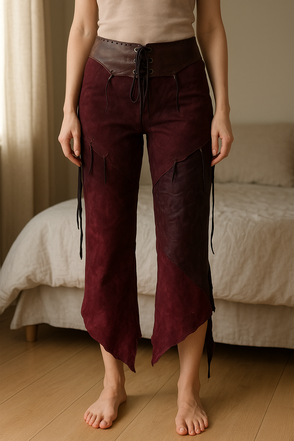 Jupe/surjuupe créateur en cuir et peau bordeaux 34/36 debout, face à la caméra, dans une chambre à la lumière douce, avec une lumière naturelle filtrant par la fenêtre.