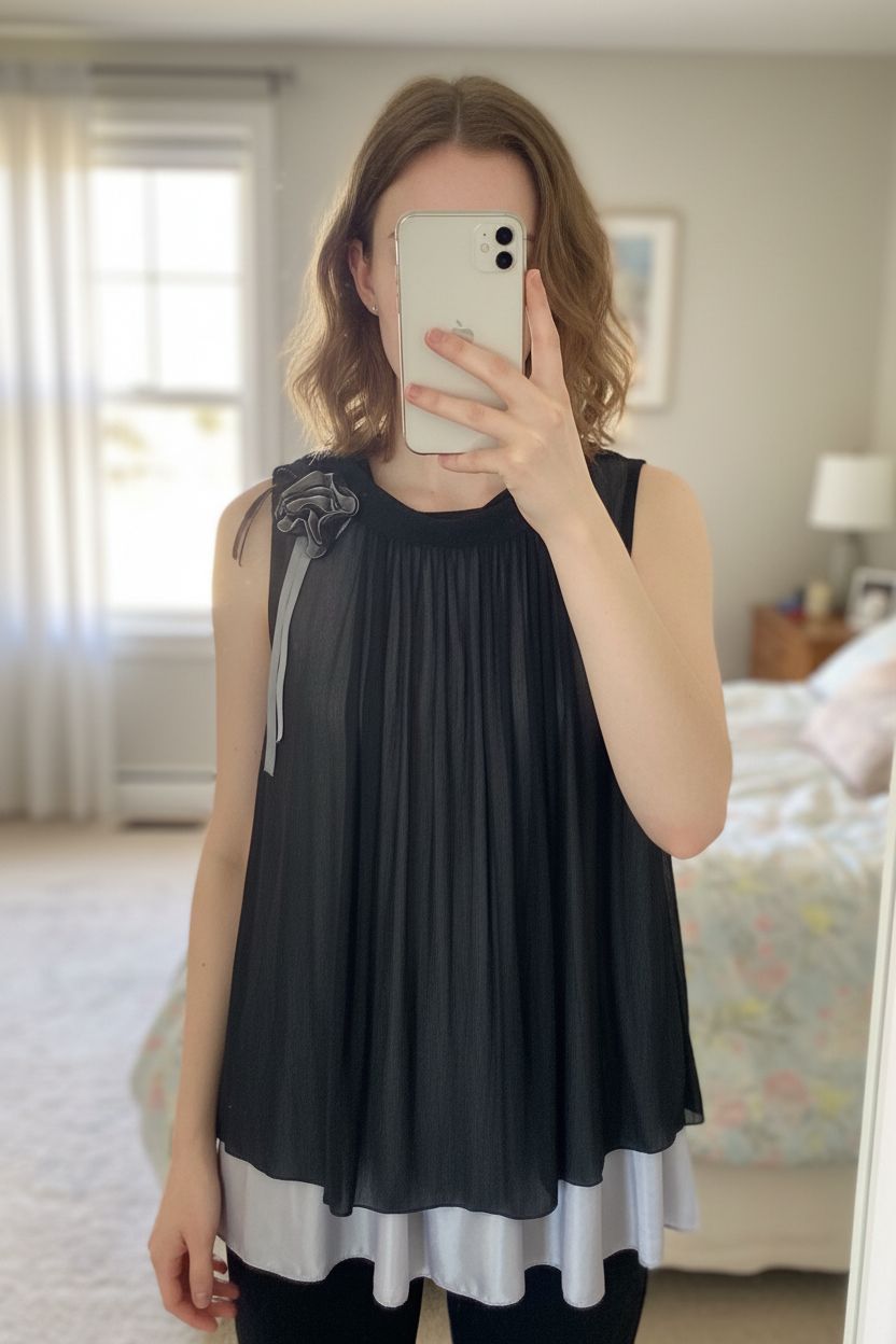 Canotta elegante in piedi, rivolto verso la fotocamera, in una camera da letto con luce soffusa e luce naturale che filtra dalla finestra.