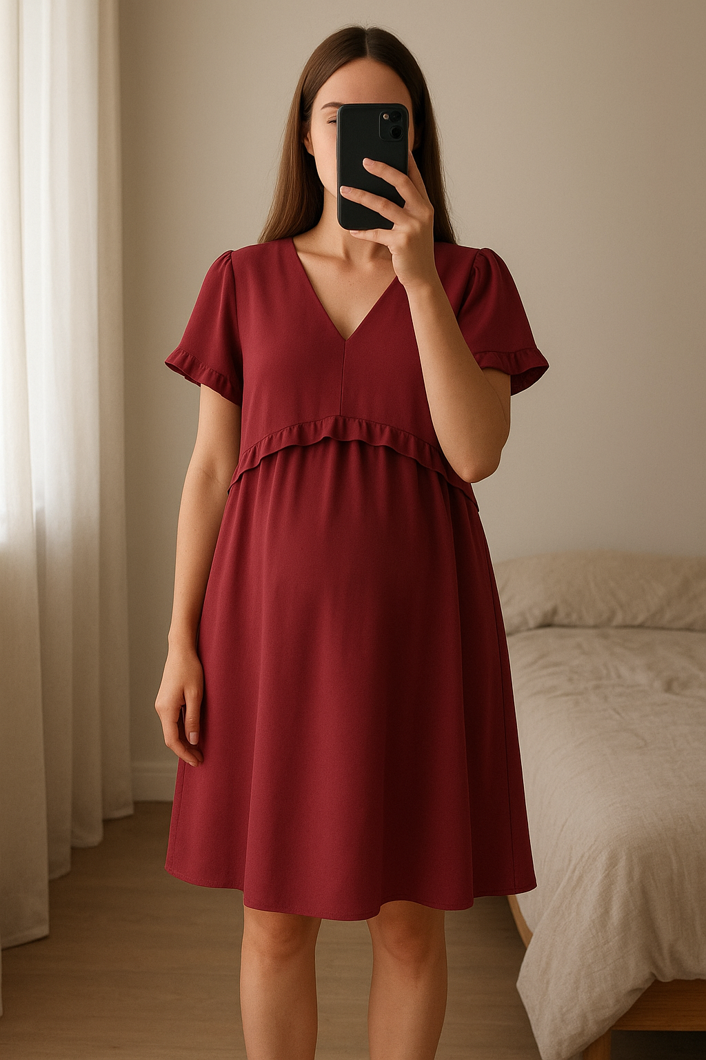 Robe Janne Mill debout, face à la caméra, dans une chambre à la lumière douce, avec une lumière naturelle filtrant par la fenêtre.