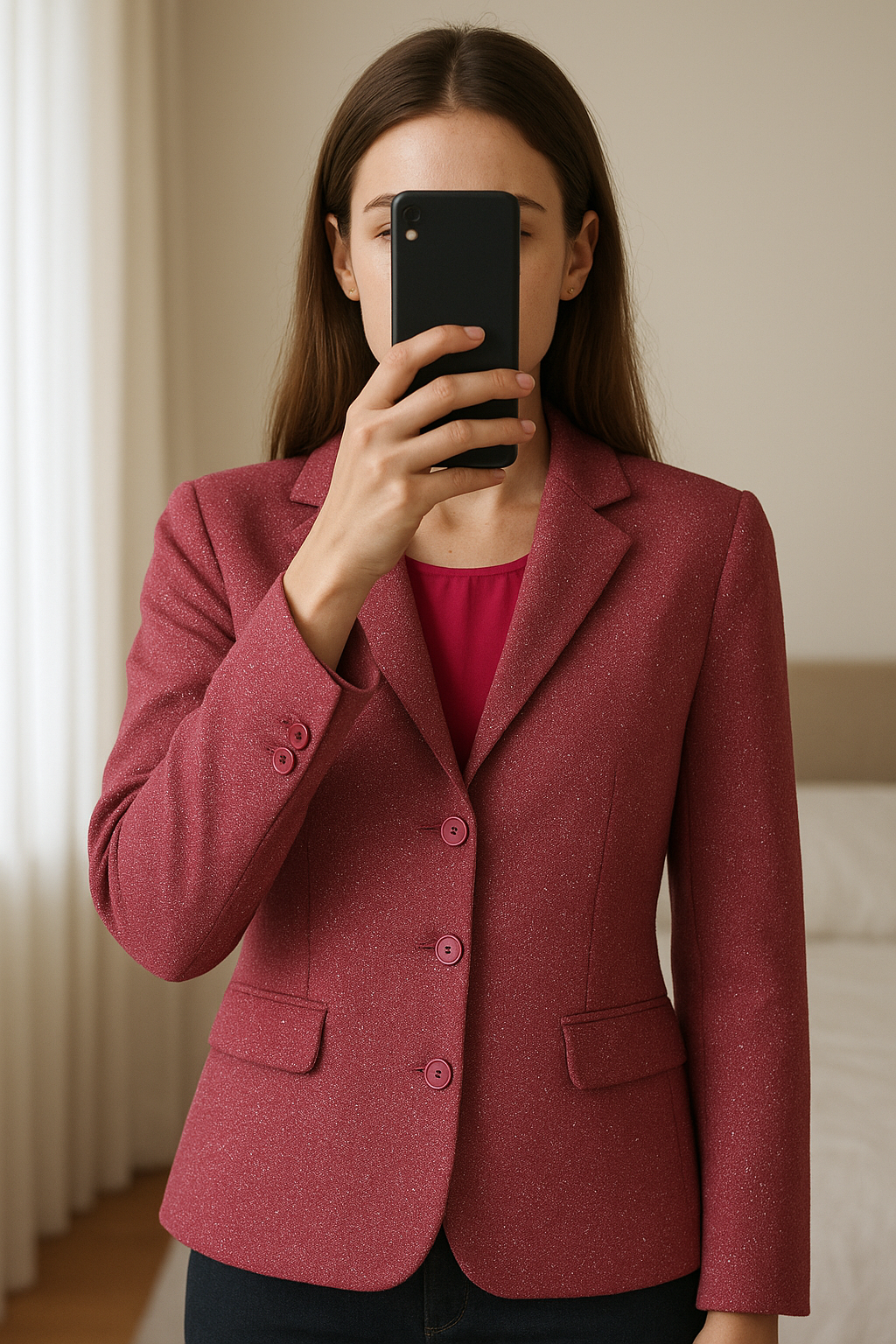 SLA The Label Pink Blazer dress standing straight facing the camera, in a softly lit bedroom setting, with gentle natural light filtering through a window.