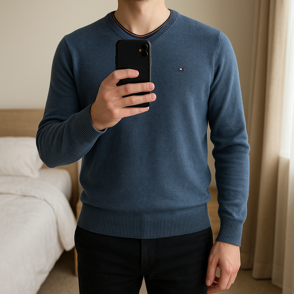 Pull Tommy Hilfiger – Taille XXL debout, face à la caméra, dans une chambre à la lumière douce, avec une lumière naturelle filtrant par la fenêtre.