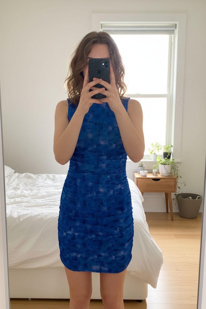 Urban Outfitters Blue Ruched Dress standing straight facing the camera, in a softly lit bedroom setting, with gentle natural light filtering through a window.
