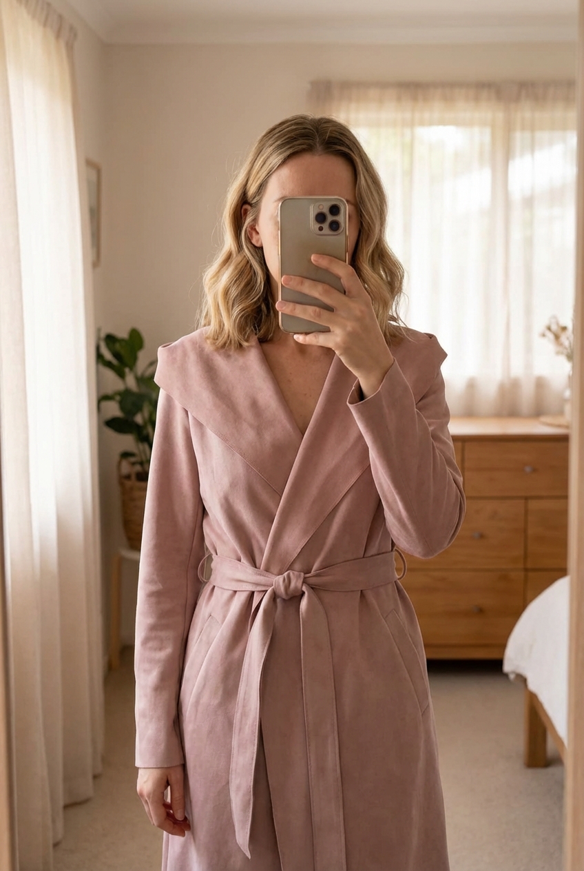 Une personne en Veste longue à capuche - femme - L - Zara debout, face à la caméra, dans une chambre à la lumière douce, avec une lumière naturelle filtrant par la fenêtre.