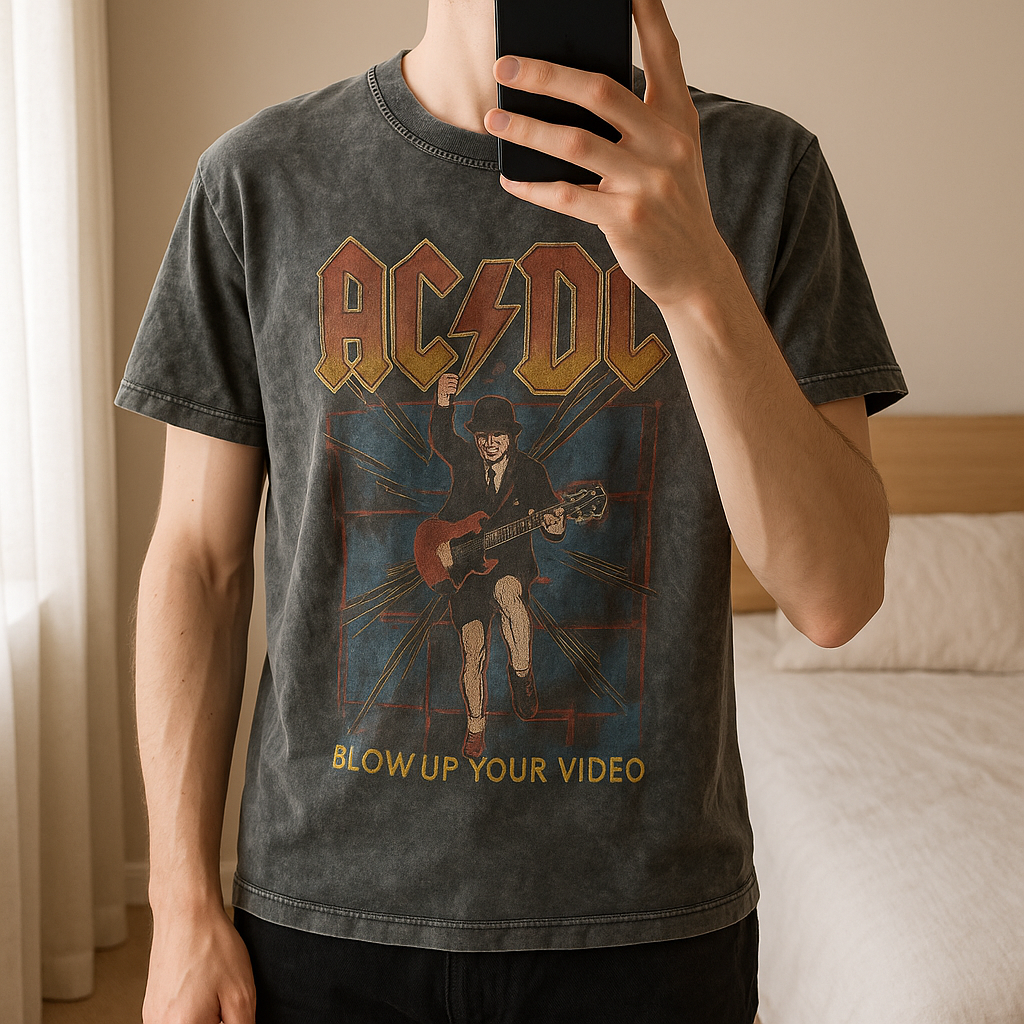 Une personne en Tee-shirts gris AC DC taille M debout, face à la caméra, avec une silhouette fine, dans une chambre à la lumière douce, avec une lumière naturelle filtrant par la fenêtre.
