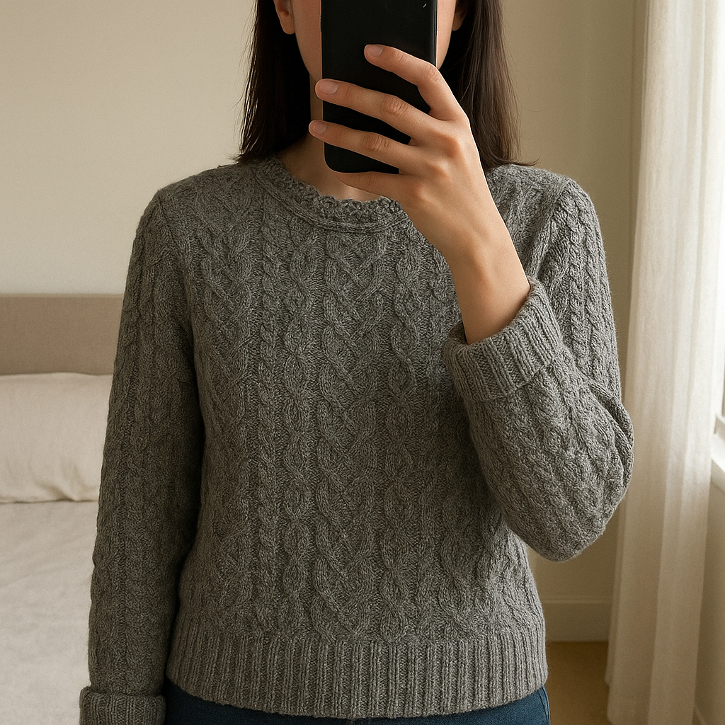 Camisola de malha da Ferrache em pé, de frente para a câmera, em um quarto com iluminação suave e luz natural filtrando pela janela.