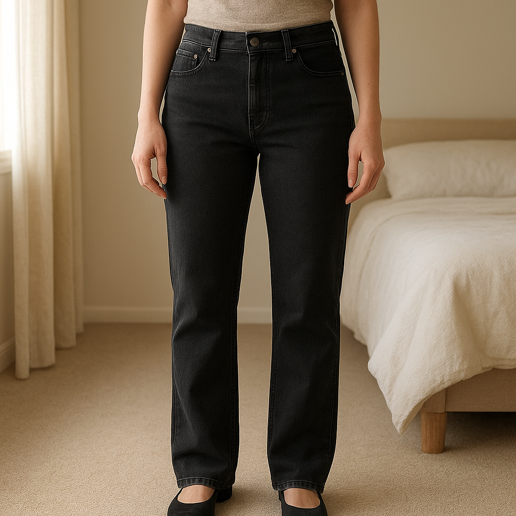 Jeans levi's 511, W33L32, nero, cotone/elastane, donna in piedi, rivolto verso la fotocamera, in una camera da letto con luce soffusa e luce naturale che filtra dalla finestra.