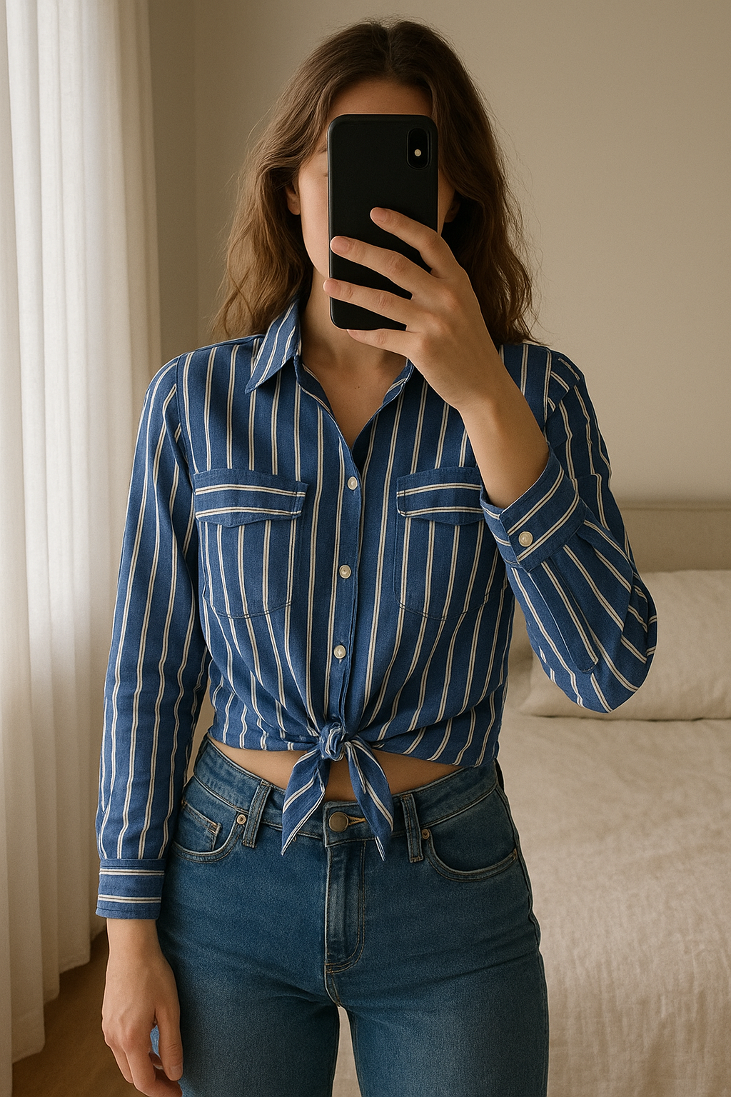 Zara camicia crop a righe blu/bianco, S – nuova in piedi, rivolto verso la fotocamera, in una camera da letto con luce soffusa e luce naturale che filtra dalla finestra.