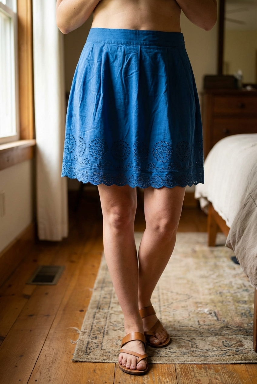 Jupe Camaïeu bleu debout, face à la caméra, dans une chambre à la lumière douce, avec une lumière naturelle filtrant par la fenêtre.