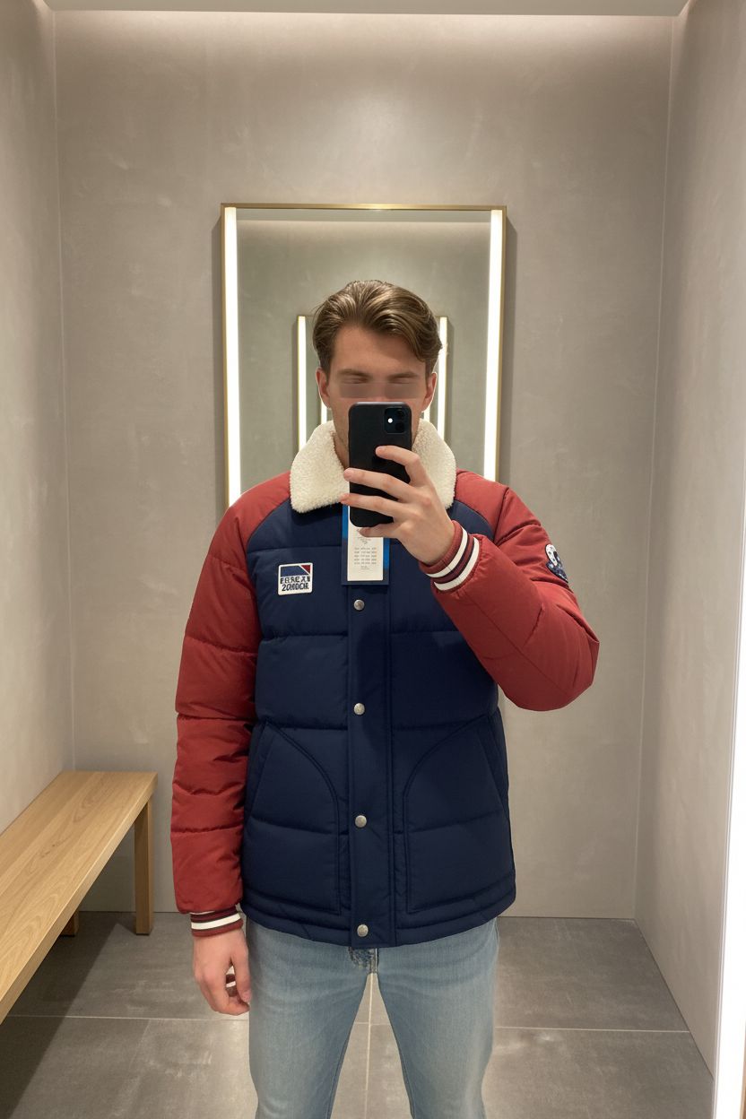 Une personne en 🧥 Jack & Jones doudoune bicolore neuve debout, face à la caméra, dans une cabine d’essayage de style boutique avec un miroir et une décoration neutre.