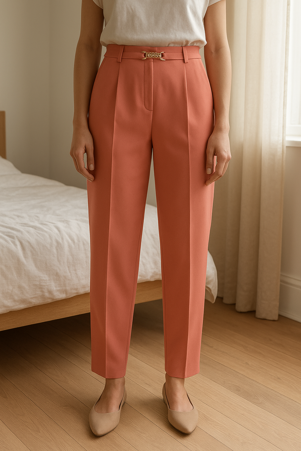 Pantalones anchos Vintage de pie, mirando a la cámara, en un dormitorio con luz suave y natural filtrándose por la ventana.