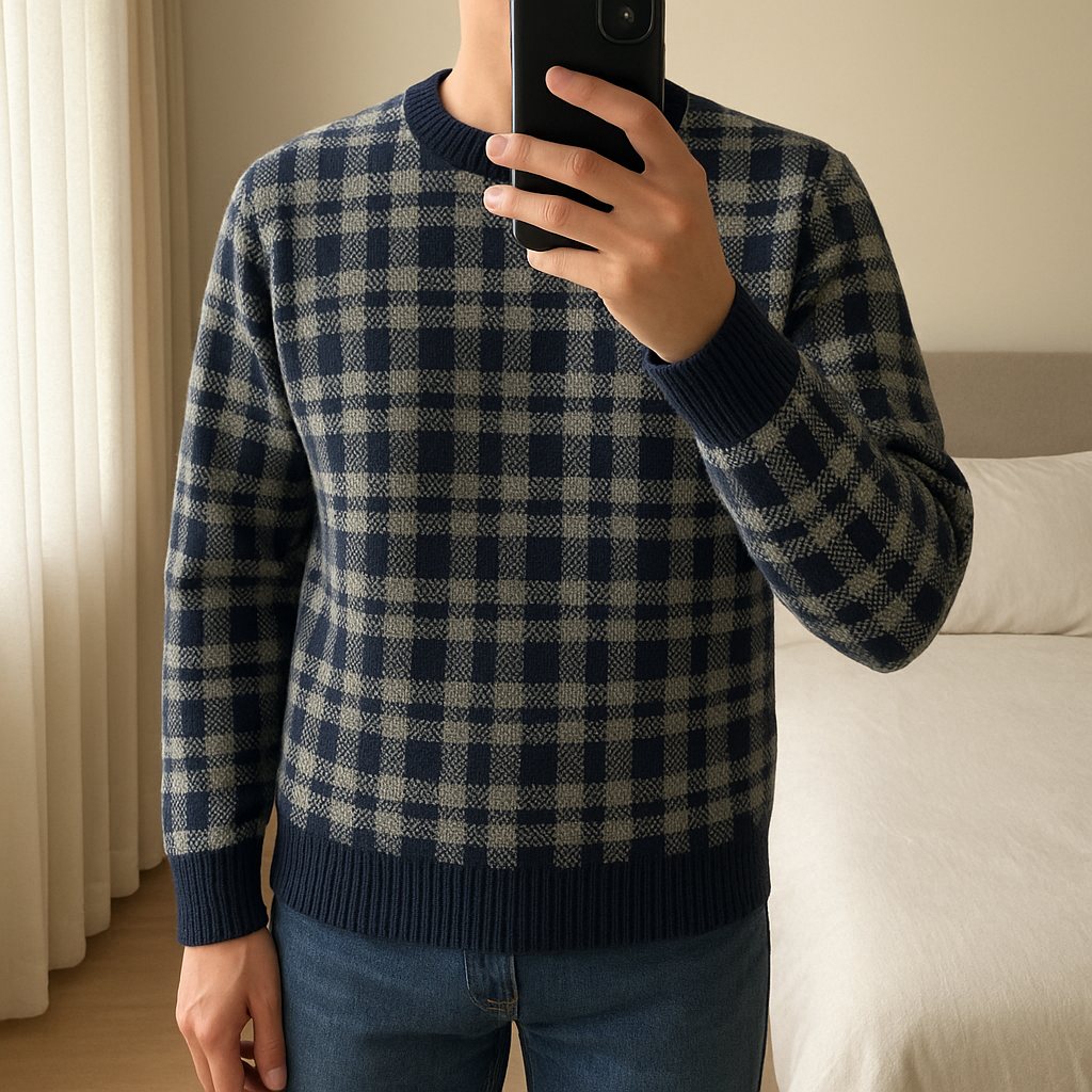 Pull Brave Soul 🧵 à carreaux bleu marine 🤍 Taille S | Style chic & tendance 💫 debout, face à la caméra, dans une chambre à la lumière douce, avec une lumière naturelle filtrant par la fenêtre.