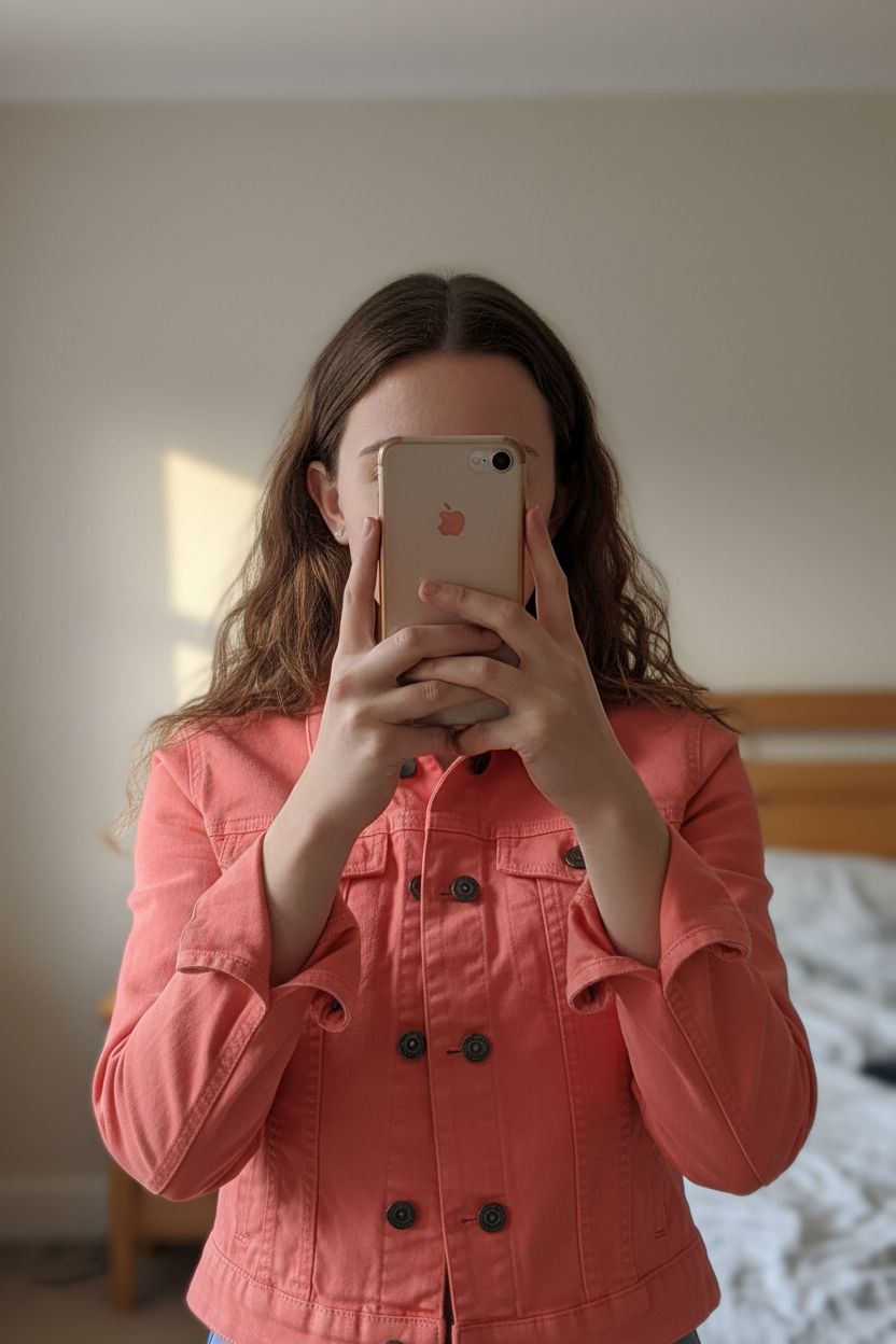 Ladies denim jacket standing straight facing the camera, in a softly lit bedroom setting, with gentle natural light filtering through a window.