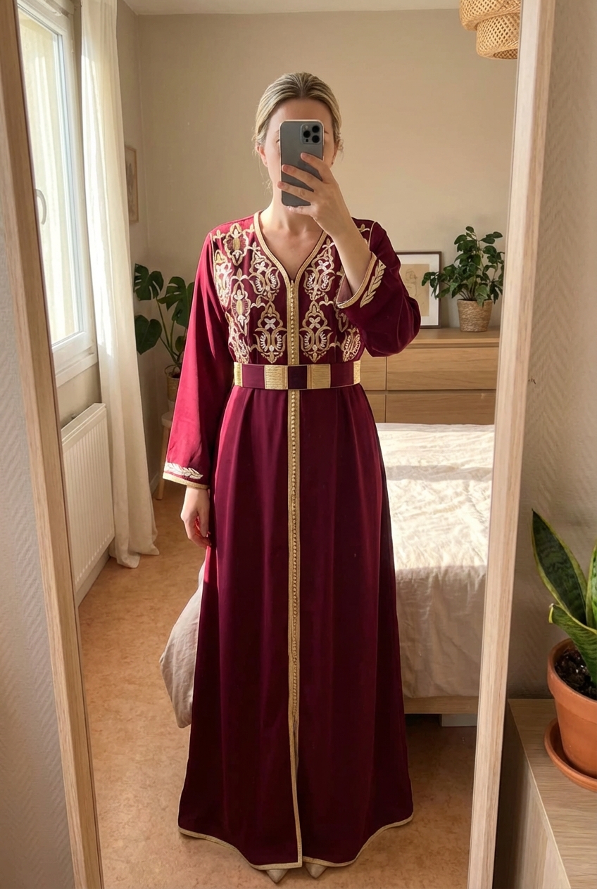 Robe Traditionnelle Marocaine Double Couche Caftan Plus Ceinture Traditionnelle debout, face à la caméra, dans une chambre à la lumière douce, avec une lumière naturelle filtrant par la fenêtre.