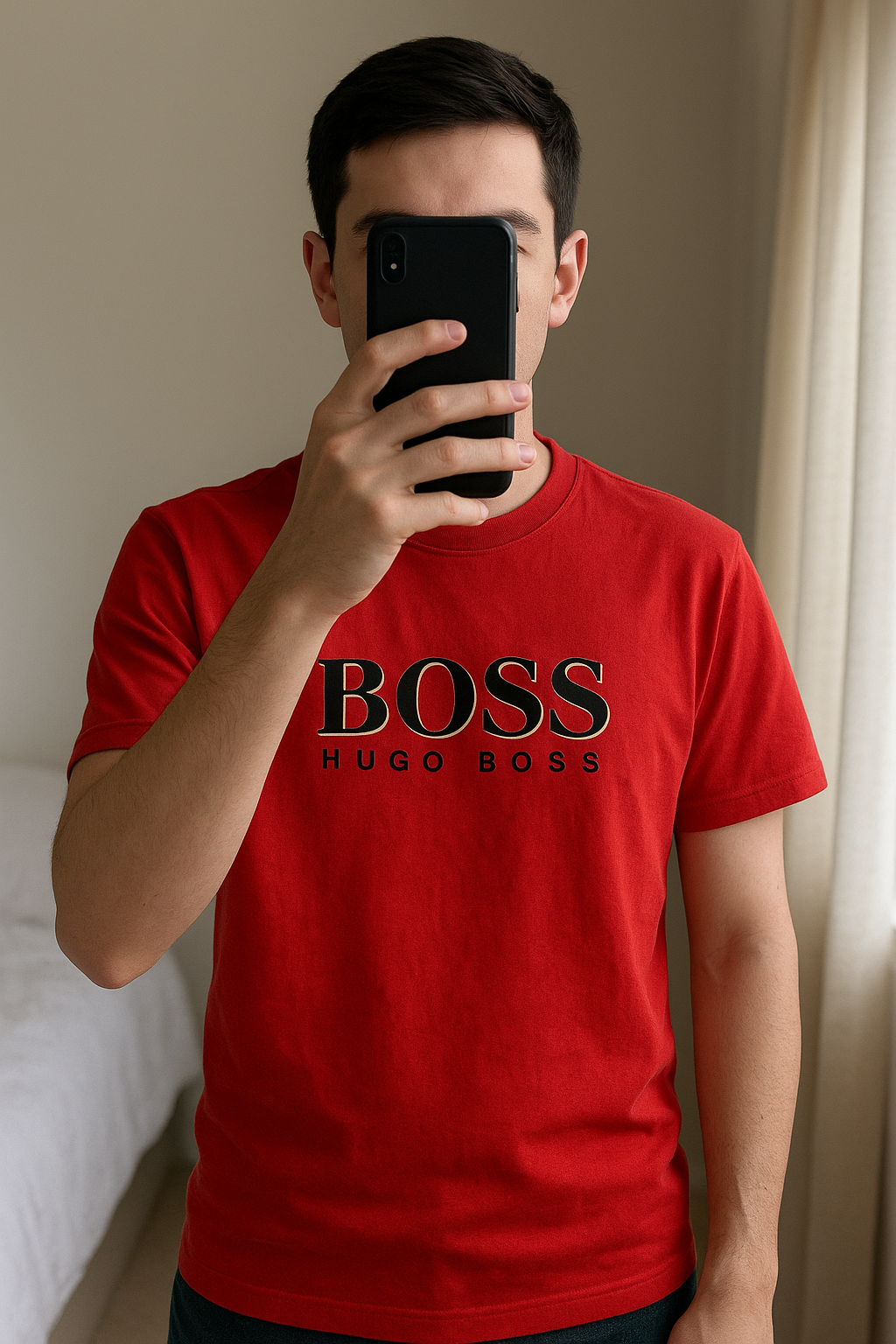Boys Boss T-shirts age 4/5 standing straight facing the camera, in a softly lit bedroom setting, with gentle natural light filtering through a window.