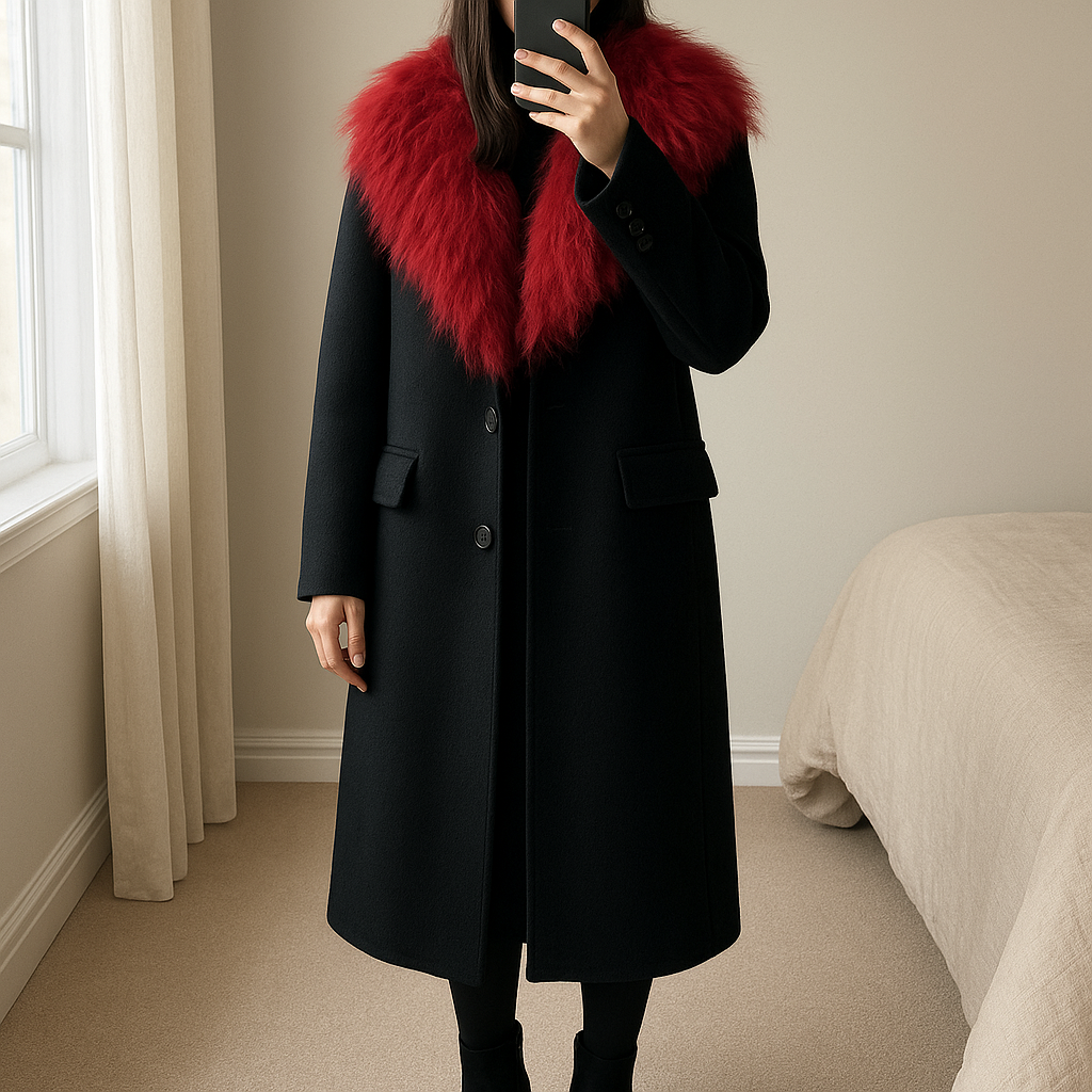 Manteau Karen Millen debout, face à la caméra, dans une chambre à la lumière douce, avec une lumière naturelle filtrant par la fenêtre.