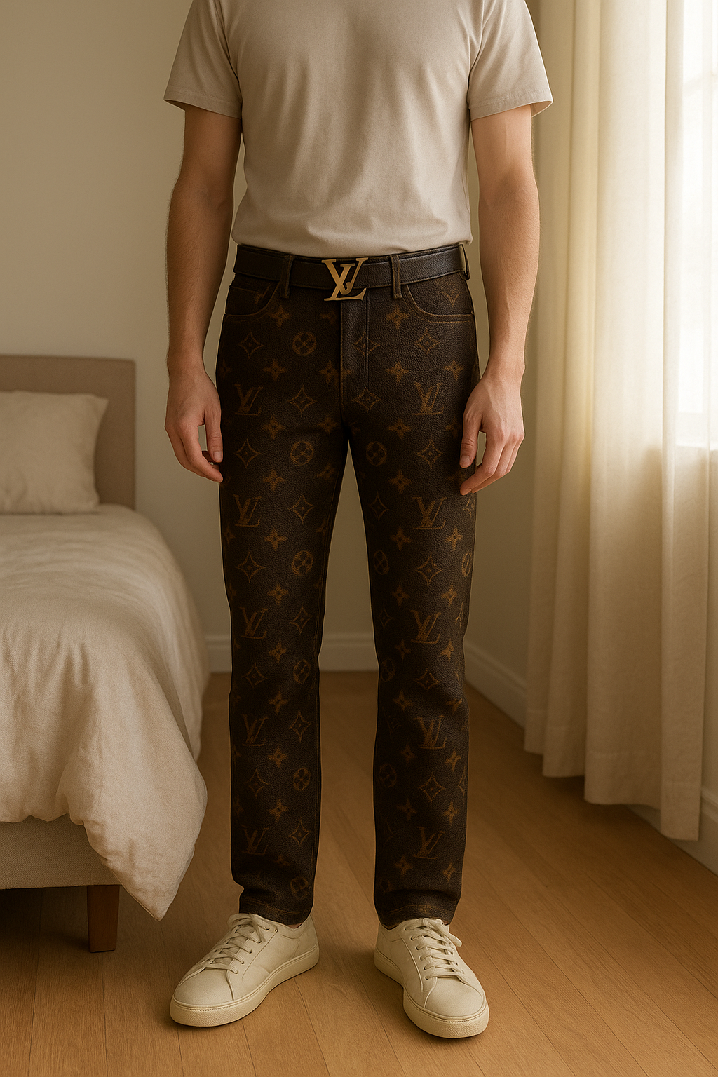 Louis Vuitton belt | 115cm | Patterned LV | Gold Buckle standing straight facing the camera, in a softly lit bedroom setting, with gentle natural light filtering through a window.