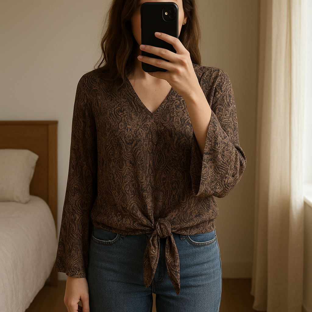 Jolie blues satiné Yaya taille 36 🍒 debout, face à la caméra, dans une chambre à la lumière douce, avec une lumière naturelle filtrant par la fenêtre.