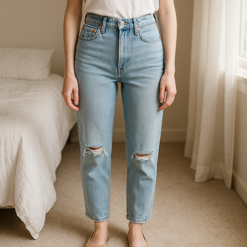Una persona con Vaqueros Stradivarius rodillas rotas de pie, mirando a la cámara, con tipo de cuerpo delgado, en un dormitorio con luz suave y natural filtrándose por la ventana.