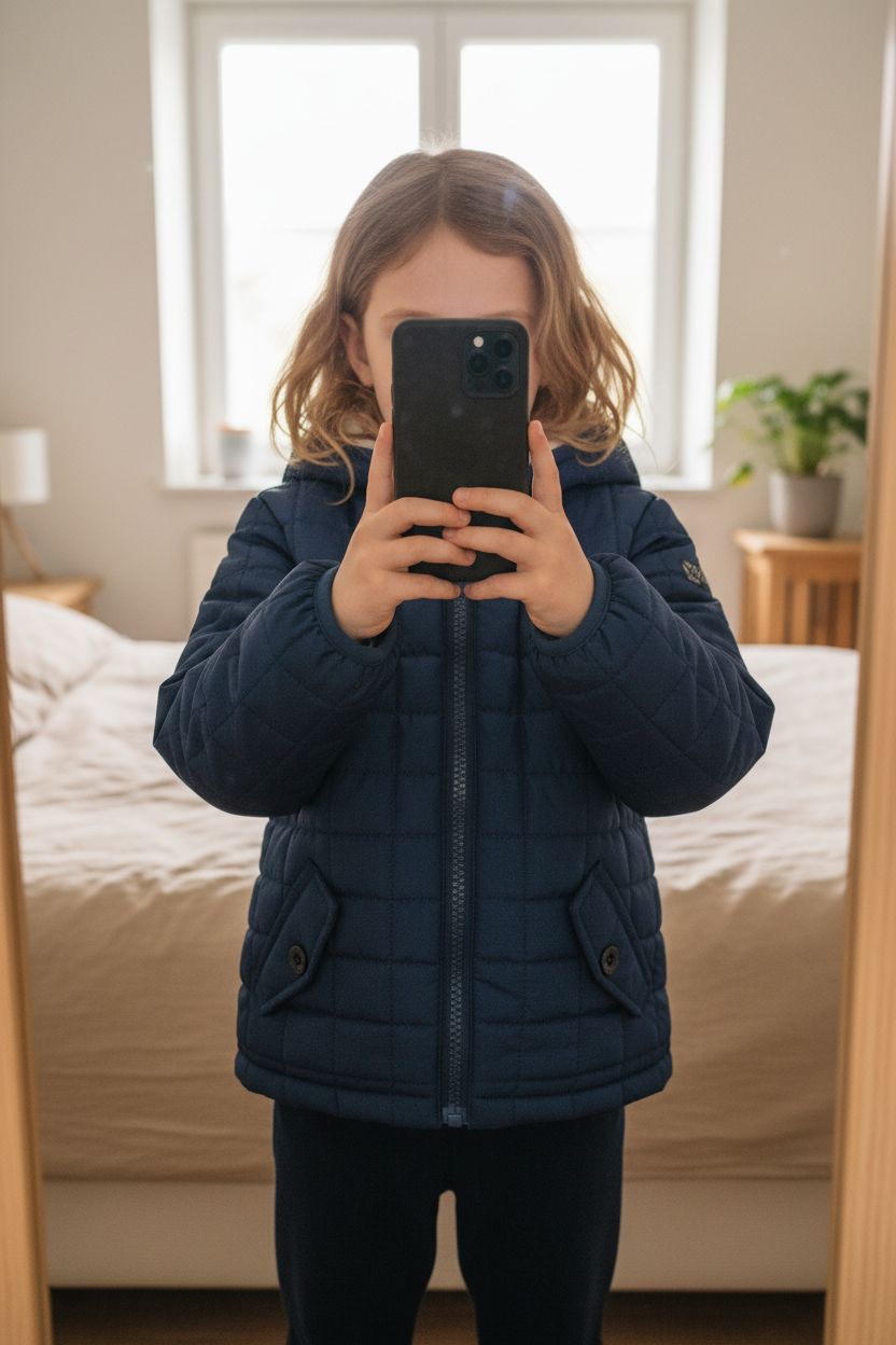 Manteau bébé 12 mois debout, face à la caméra, dans une chambre à la lumière douce, avec une lumière naturelle filtrant par la fenêtre.