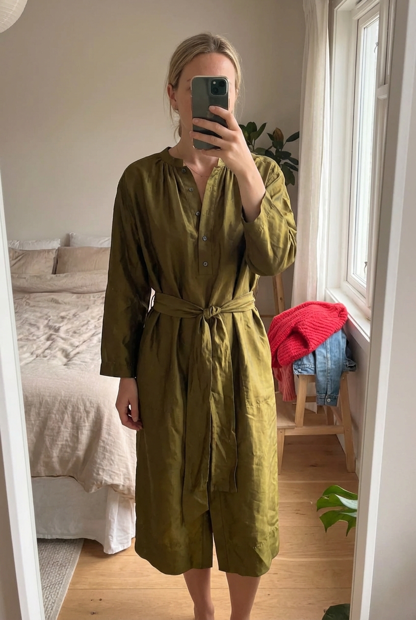Robe soeur - vert kaki debout, face à la caméra, dans une chambre à la lumière douce, avec une lumière naturelle filtrant par la fenêtre.