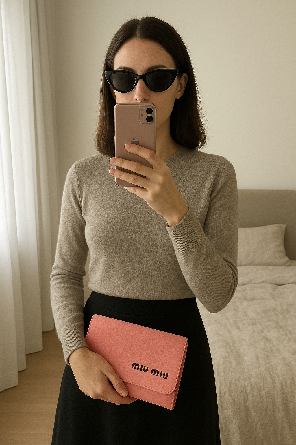 Lunette de soleil miu miu debout, face à la caméra, dans une chambre à la lumière douce, avec une lumière naturelle filtrant par la fenêtre.